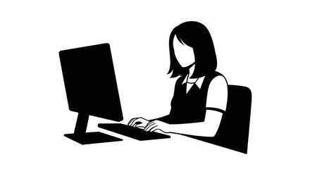 Isolated Woman Working on Computer Outline Style