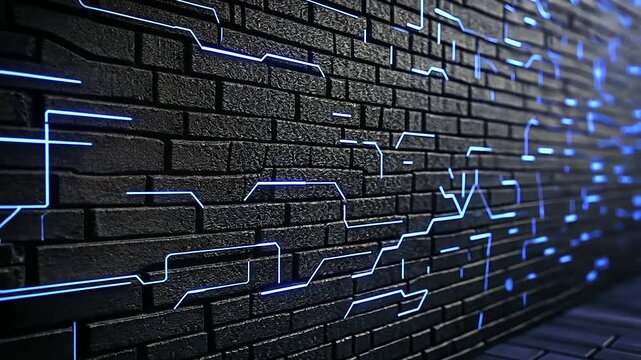 A brick wall glowing with neon blue digital circuits embedded in its surface, symbolizing a high-tech firewall protecting against cyber threats.