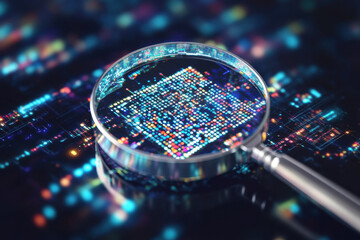 Magnifying glass focusing on a complex digital circuit, highlighting intricately arranged colorful pixels, representing advanced technology and data analysis on a dark, vibrant background.