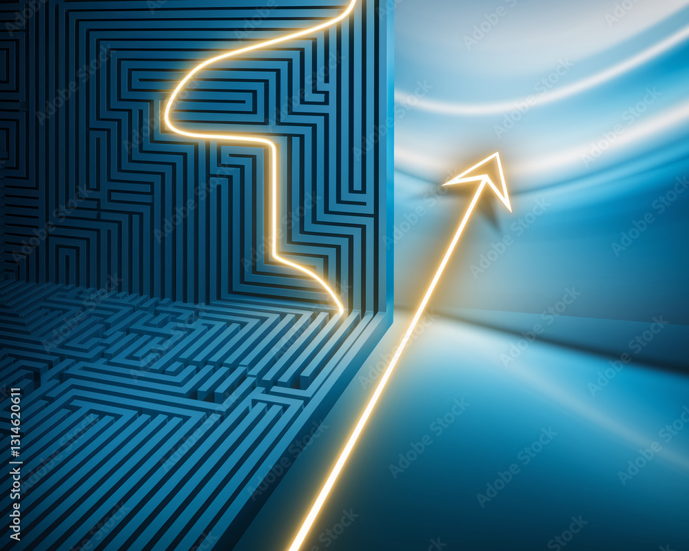Poster glowing arrow exits a blue maze, symbolizing problem-solving, innovation, and successful navigation 