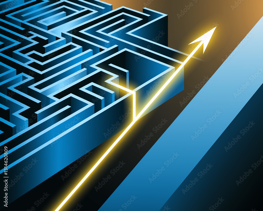 Poster blue 3d maze with a glowing arrow showing solution, symbolizing problem-solving, strategic planning,
