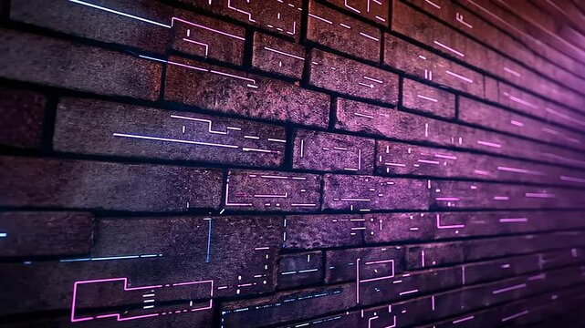 A detailed brick wall with luminous circuits glowing faintly in its structure, surrounded by swirling clouds of binary code, symbolizing IT security.
