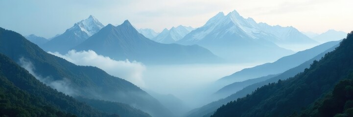 Majestic mountain range shrouded in thick fog, vast, archway