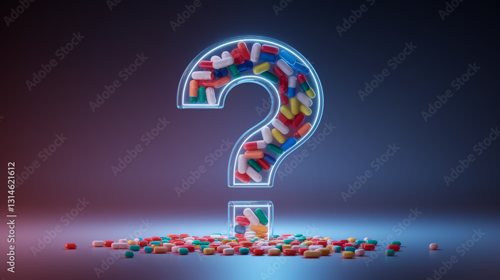 Poster glass large question mark filled with colorful capsules, sitting on a dark background with scattered