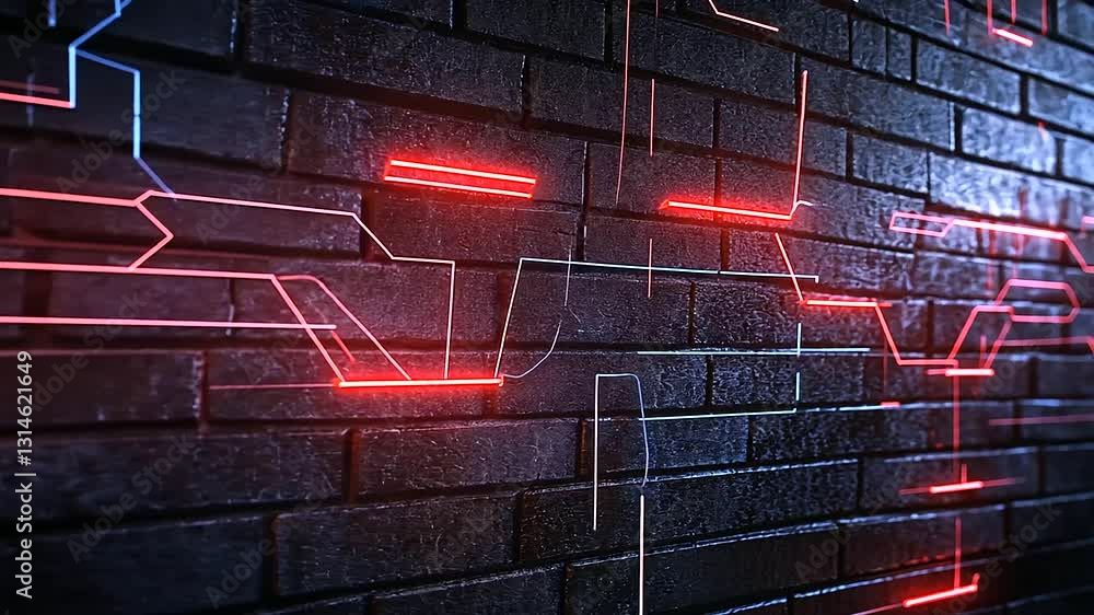 Poster a solid brick wall intersected by glowing cyber connections, with a backdrop of futuristic servers a