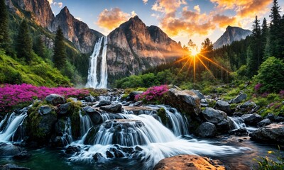 Golden Morning Rays Over a Cascading Waterfall in a Vibrant Spring Meadow &ndash; Dreamlike Landscape with Reflective Water
