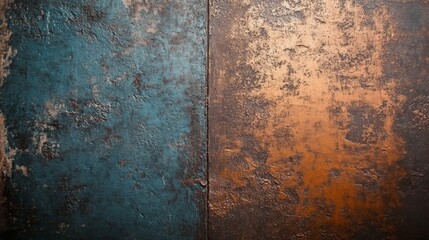 Abstract textured surface in blue, orange, and brown hues create depth and decay in grungy, aged background