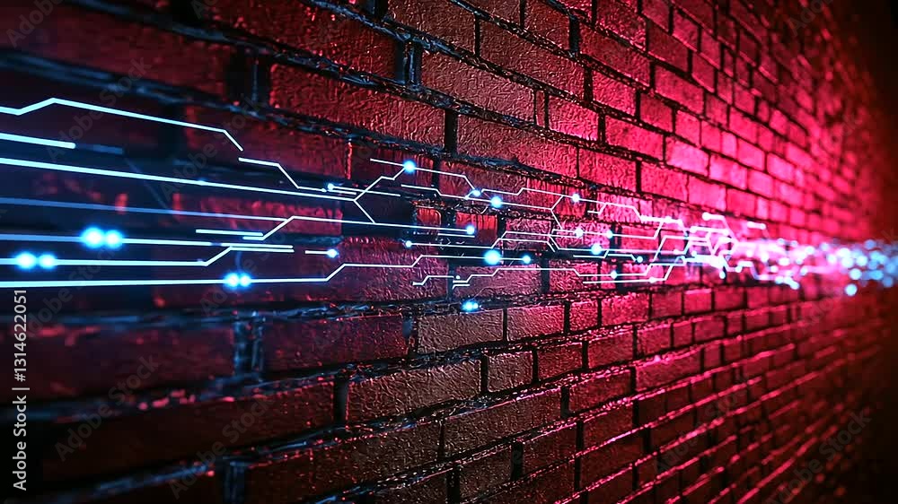 Poster a dark red brick wall with shimmering neon blue data streams flowing in intricate patterns, represen