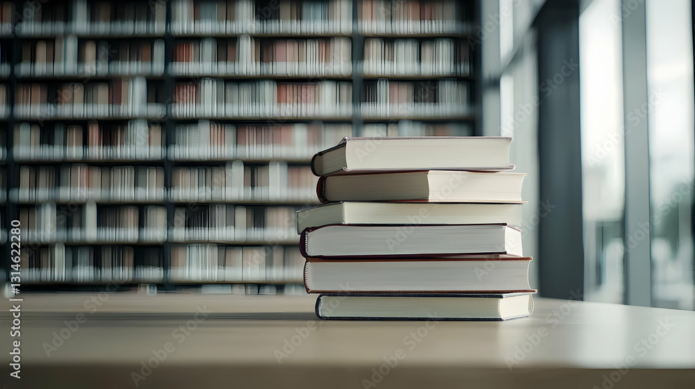 Poster stack of books on wooden table with blurred library bookshelves background in soft sunlight