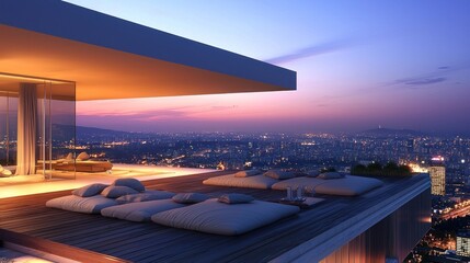 Fototapeta premium Rooftop lounge, modern penthouse, city view, sunset ambiance