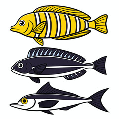 Black Silhouettes of Sea Creatures: Butterflyfish, Eel, Rockfish, and Flying Fish