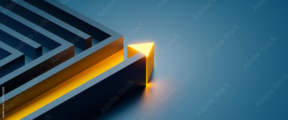 Poster abstract image of a yellow illuminated triangle at the exit of a dark blue maze, symbolizing solutio