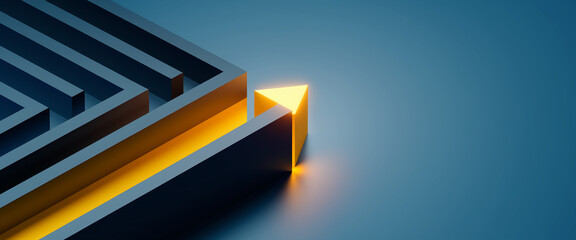 Abstract image of a yellow illuminated triangle at the exit of a dark blue maze, symbolizing solution, success, and breakthrough in problem-solving