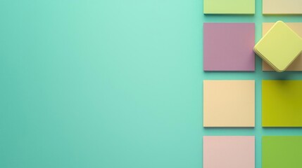 Colorful Square Sticky Notes Arranged on Turquoise Background Creating Abstract Geometric Design