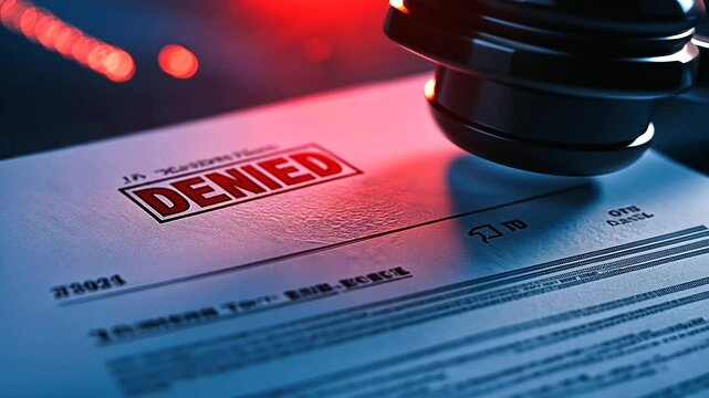 A dramatic close-up of a stamped DENIED mark on a visa form, the ink vibrant and crisp, with a shadow of the stamp still hovering over the paper.