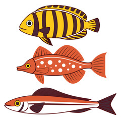 Marine Silhouettes of Butterflyfish, Eel, Rockfish, and Flying Fish for Design Use