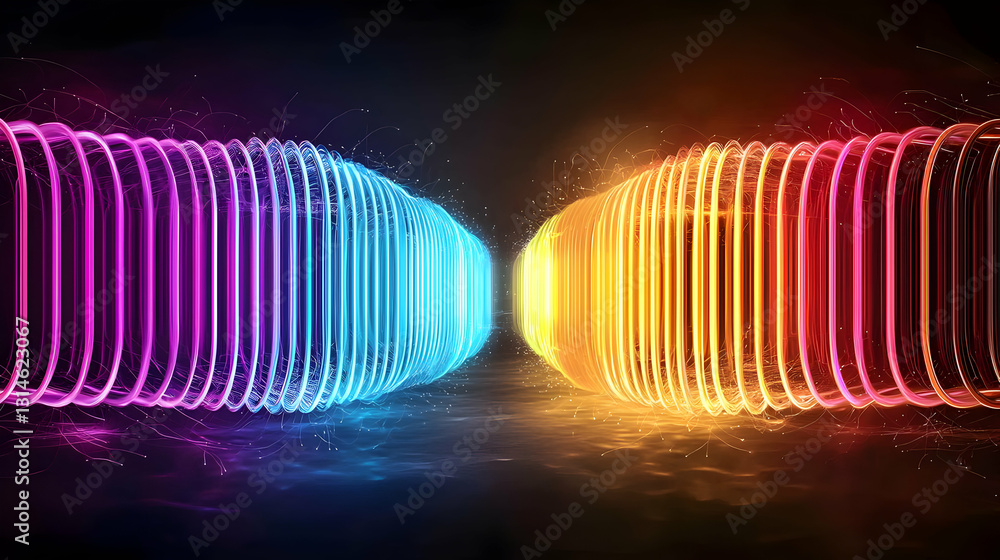Aufkleber vivid neon lights form a gradient tunnel with a spectrum of colors and bright illumination on a dark