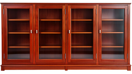 A large wooden bookcase with four shelves and glass doors