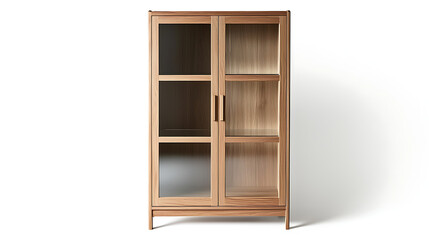 A wooden cabinet with glass doors and a wooden shelf