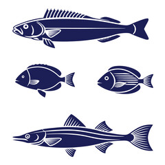 Commercial Fishing Icons Silhouette Set of Butterflyfish, Eel, Rockfish, and Flying Fish