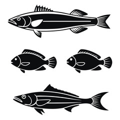 Fototapeta premium Fishing Themed Silhouettes of Butterflyfish, Eel, Rockfish, and Flying Fish