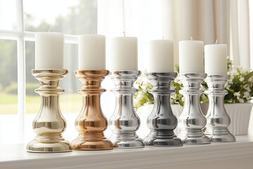 Elegant metallic candleholders with white candles arranged on windowsill, perfect for wedding decor. Concept features metallic candleholders with white candles for romantic ambiance