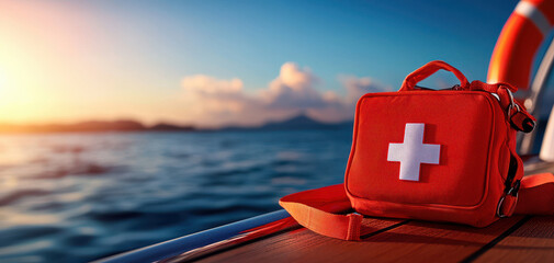 red first aid kit on yacht, symbolizing marine emergency preparedness