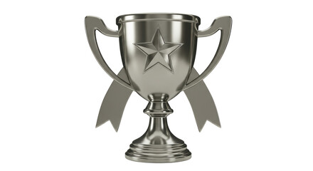 Isolated Silver Trophy Cup with Star and Ribbon for Achievement