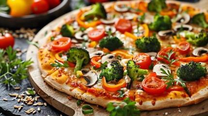 Healthy vegetable pizza with broccoli, mushrooms, and tomatoes on wooden board