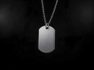 Fototapeta premium A metallic dog tag necklace on a dark background, symbolizing identity and military style. Generative AI