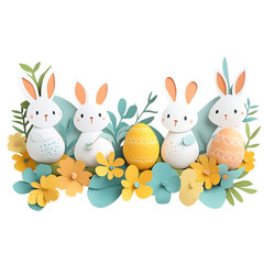 Obraz premium Cheerful Easter Banner with Paper Bunnies, Eggs, and Flowers Isolated on Transparent Background