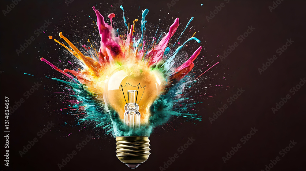 Poster light bulb exploding with colorful paint splash on dark background