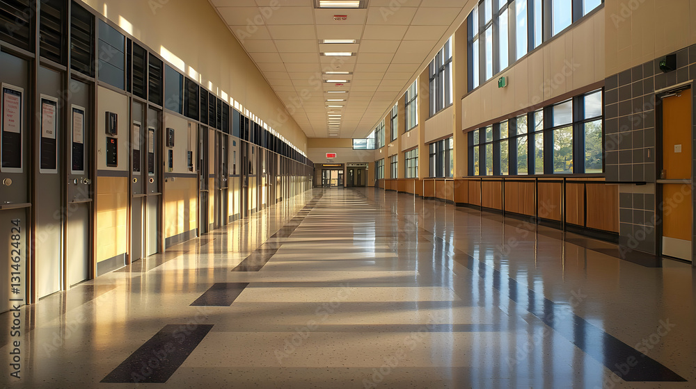 Poster sunlit empty school hallway with long perspective view floor tiles and reflections