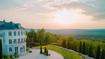 Beautiful white villa with a stunning view of the valley and the sunset, surrounded by a manicured garden