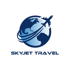 Plane flying over the globe vector logo 