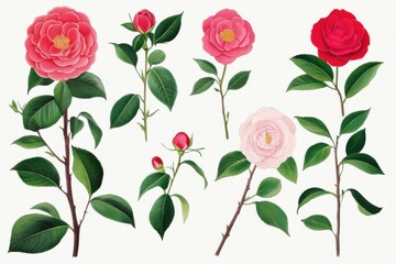 Illustration displaying various parts of camellia plants, showcasing blooms and foliage