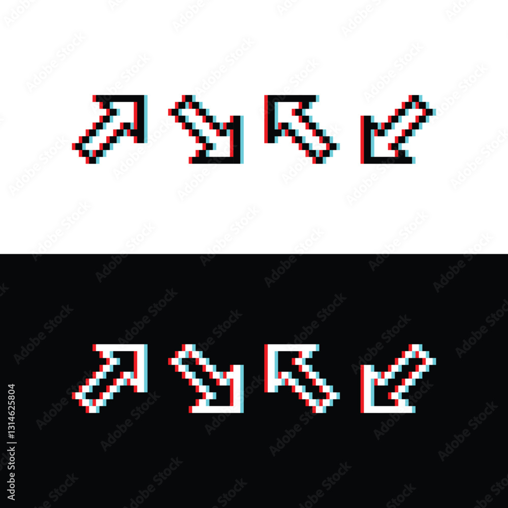 Poster glitch effect arrow icon 8 bit, pixel art 8 bit icon for game logo.