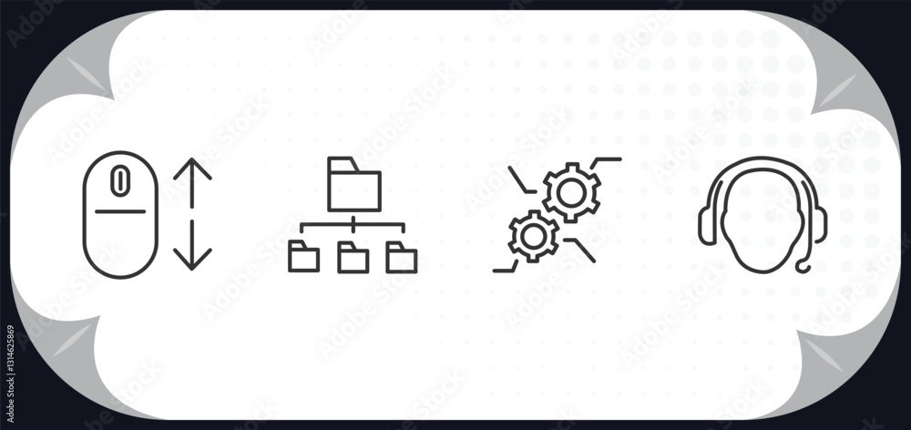 Poster outline icons set - web hosting concept. scrolling, folder management, feature, tech support.