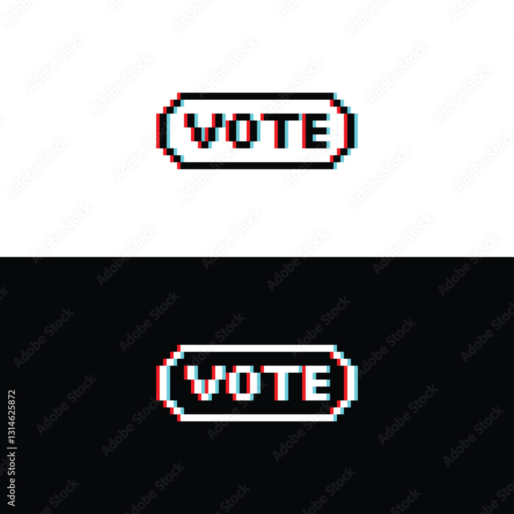 Poster glitch effect vote icon 8 bit, pixel art check vote button 8 bit icon for game logo.