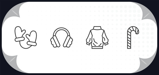 outline icons set - winter concept. mittens, earmuffs, turtleneck sweater, candy cane.