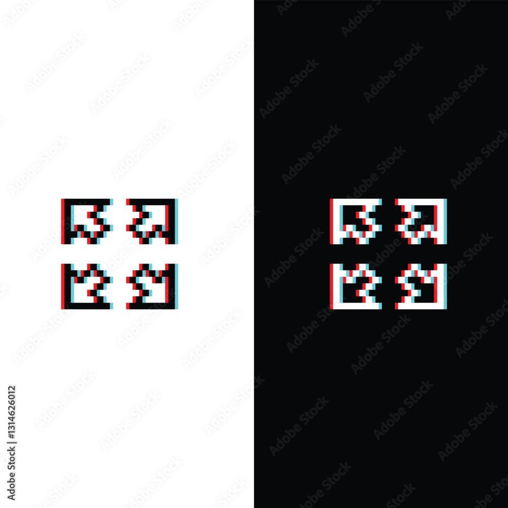 Poster glitch effect arrow icon 8 bit, pixel art four arrow from the center icon 8 bit icon for game logo.