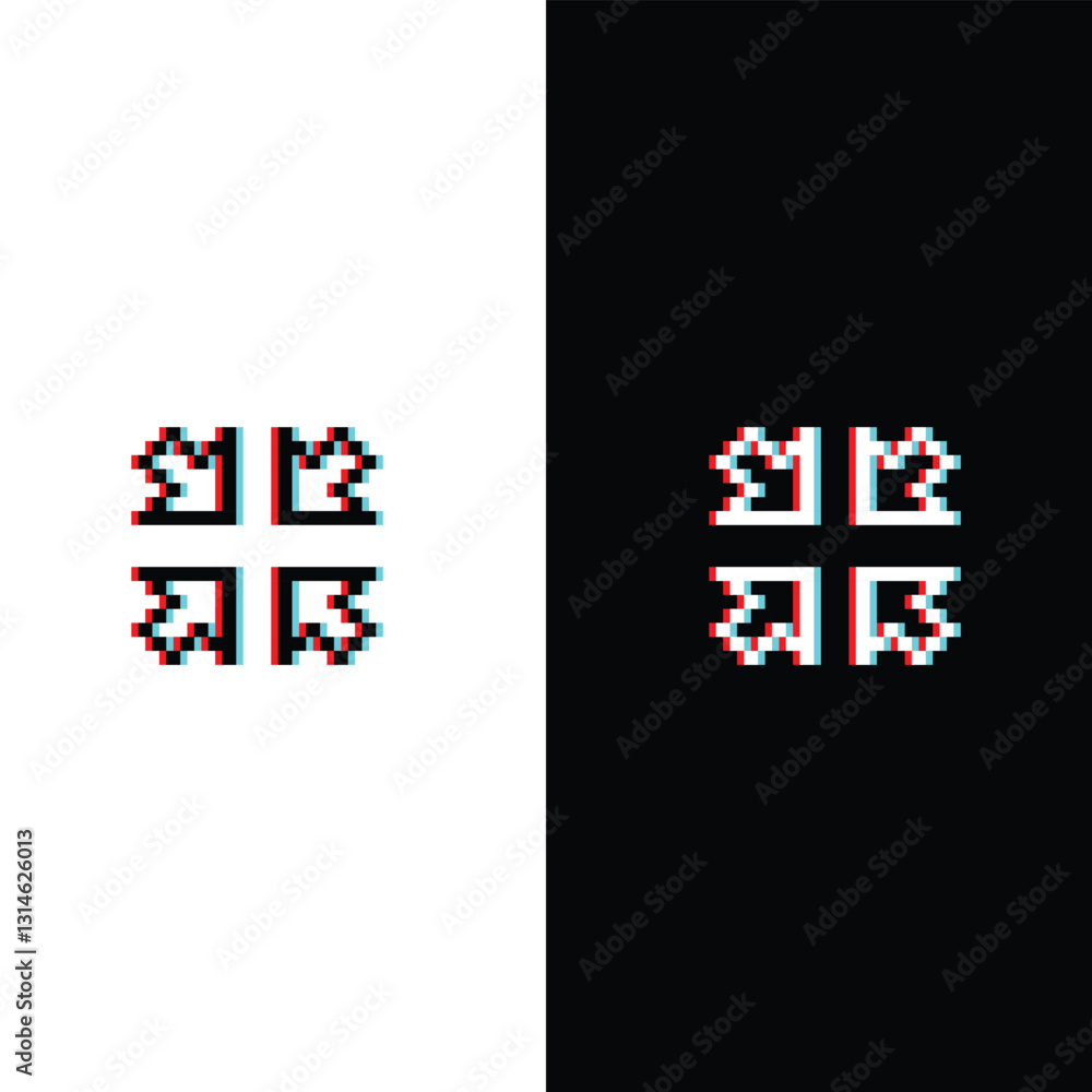 Poster glitch effect arrow icon 8 bit, pixel art four arrow to the center icon 8 bit icon for game logo.