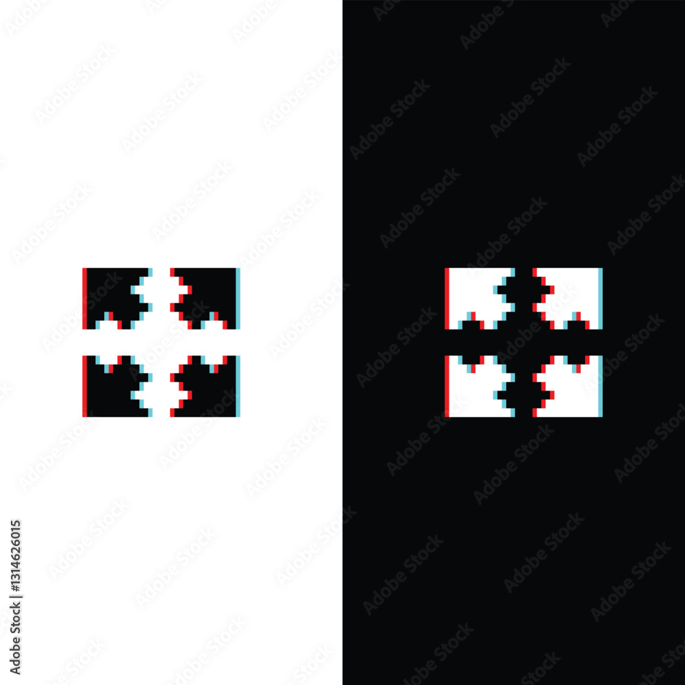 Poster glitch effect arrow icon 8 bit, pixel art four arrow from the center icon 8 bit icon for game logo.