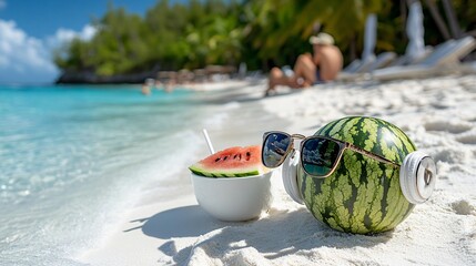 Fun Summer Beach Scene with Watermelon Wearing Sunglasses and Headphones Next to Refreshing Drink
