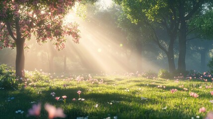 Obraz premium A serene forest scene with sunlight filtering through trees, illuminating a grassy area adorned with blooming flowers.
