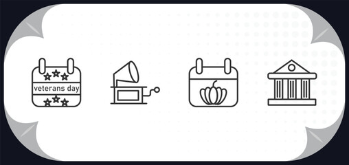 outline icons set - united states of america concept. veterans day, gramophone, thanksgiving day, government.