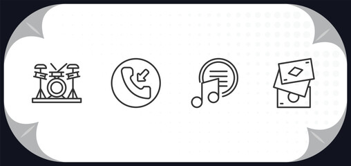 outline icons set - ultimate glyphicons concept. band, incoming phone, music menu, three cards.
