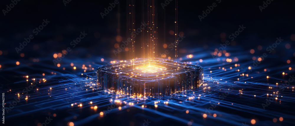 Poster glowing neural network core with vibrant light beams and circuits