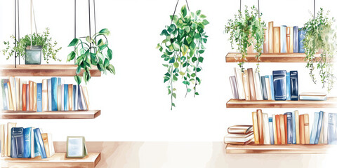 Minimalist Digital Illustration of a Bookshelf with Hanging Green Plants – Watercolor-Inspired Home Interior Decor