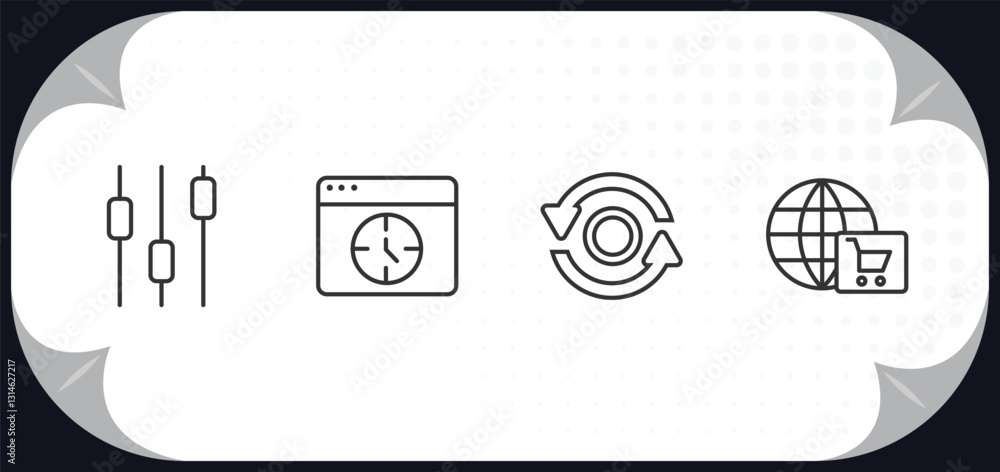 Poster outline icons set - user interface concept. box plot, window time, data looping interface, cart inte